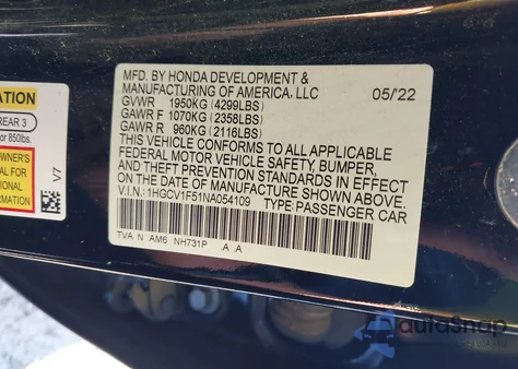 2022 Honda Accord Ex-L из США, поврежденный, VIN 1HGCV1F51NA054109